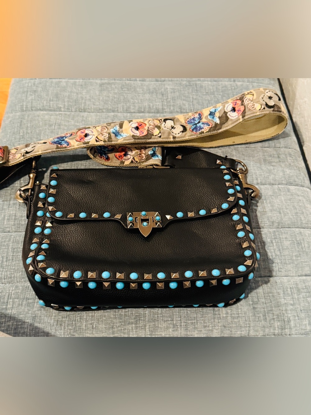 Inzi Black Crossbody Bag with Turquoise Studs and Embroidered Strap
